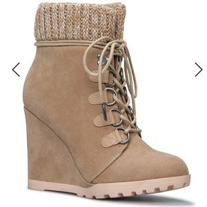 Shoe Dazzle Tan Wedge Lace-Up Ankle Booties with Knit Cuff